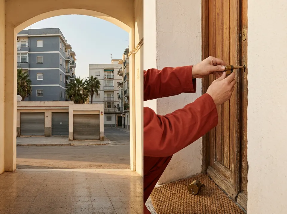 Manos de un cerrajero cambiando el bombín de una puerta de madera