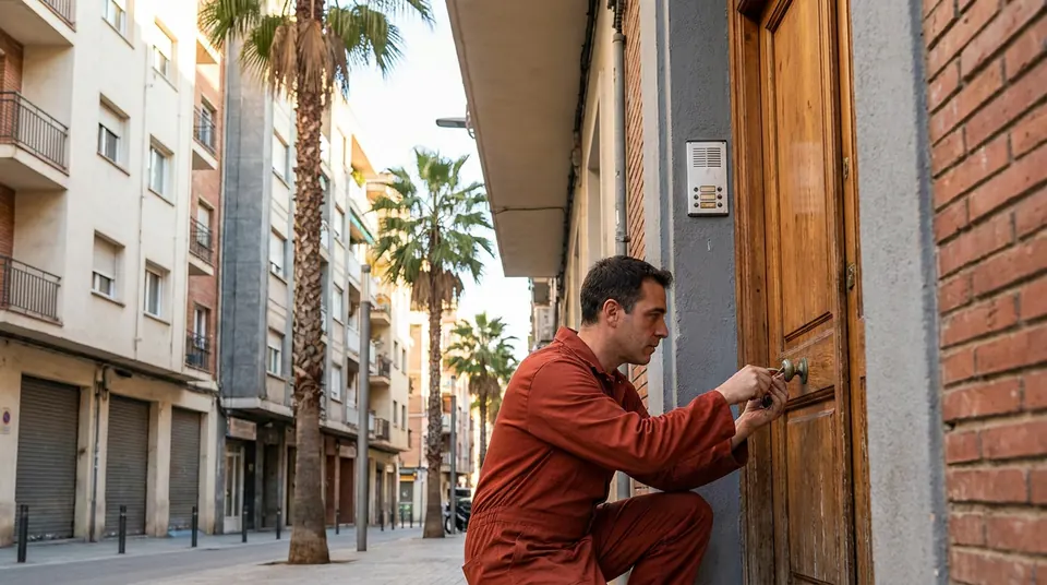Cerrajero con mono rojo trabajando en la cerradura de un portal de madera, en una calle con palmeras