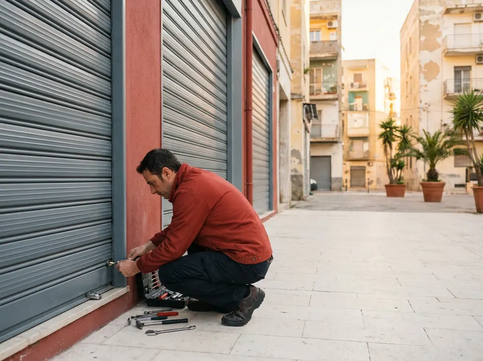 Cerrajero reparando la cerradura de la persiana metálica de un local